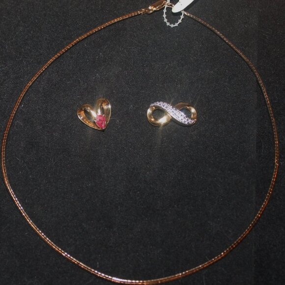 NEW 14K Gold Over 925 Sterling Omega Necklace & 2 Pendants Real Ruby Diamonds - Picture 1 of 8